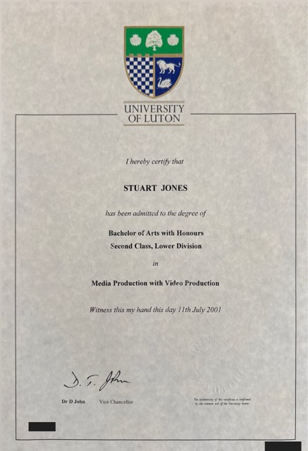 Stuart Jones — BA (Hons), Media Production with Video Production; reference numbers redacted