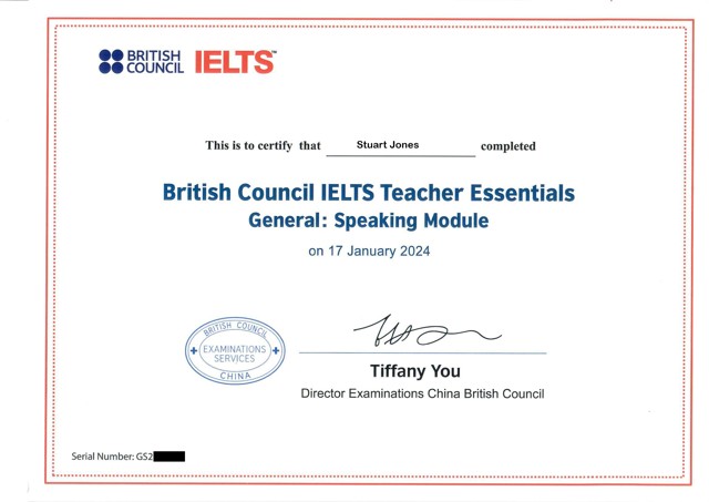 Stuart Jones — British Council IELTS Teacher Essentials, General: Speaking Module, 17 January 2024; serial number redacted