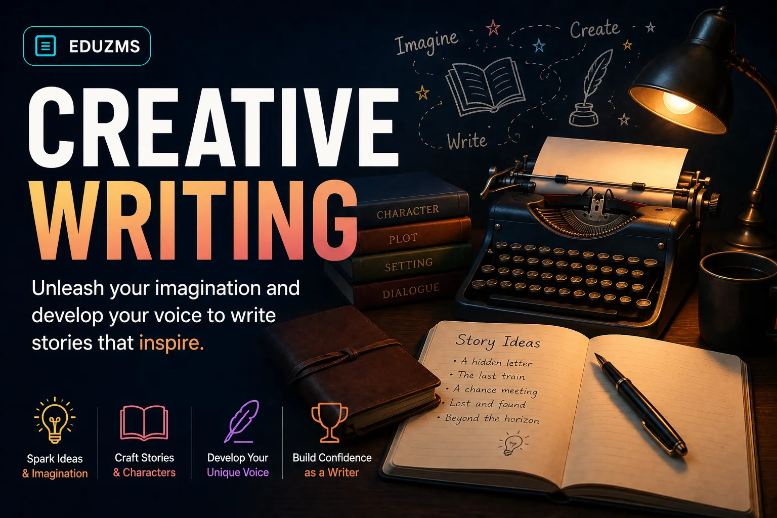 EduZMS Creative Writing course artwork with a typewriter, books and a notebook of story ideas.