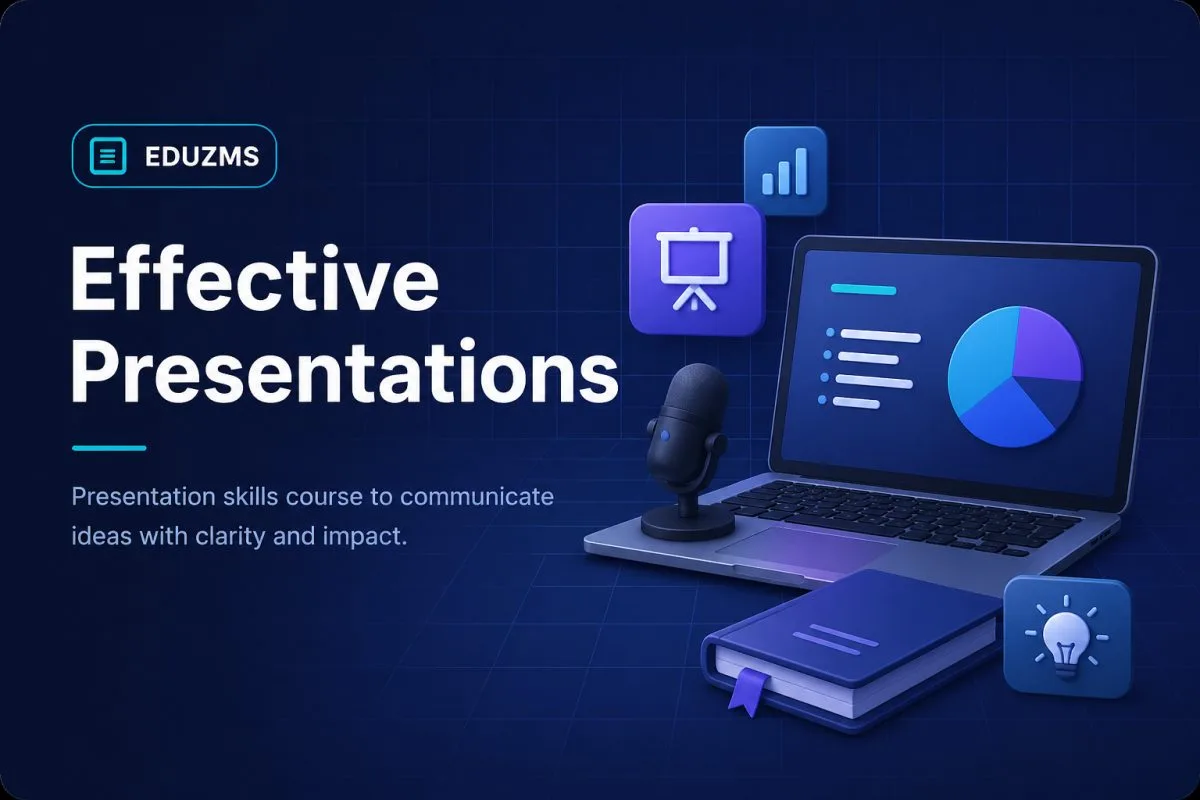 EduZMS Effective Presentations course artwork featuring a microphone, presentation screen and laptop.