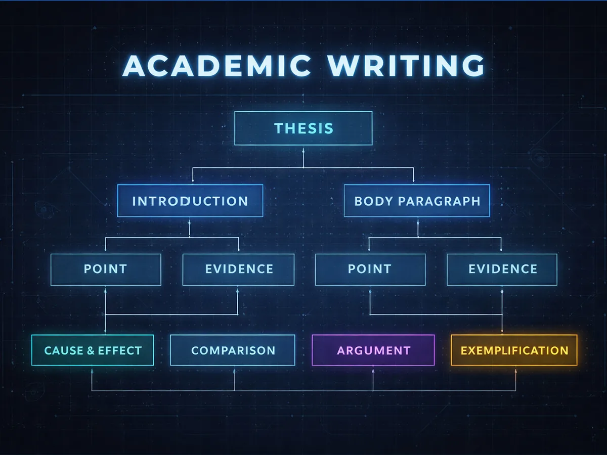 Academic Writing course diagram showing a thesis, introduction, body paragraphs, evidence and essay approaches.